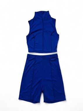 Royal Blue Two Piece Mock Neck Tank Top & High Waist Ribbed Shorts Set